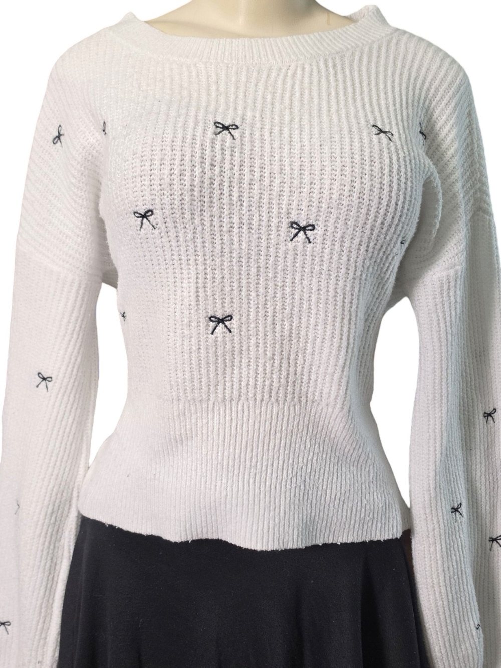 Better Together White Bow Embroidered Rib Knit Sweater XL Coquette Bow Feminine